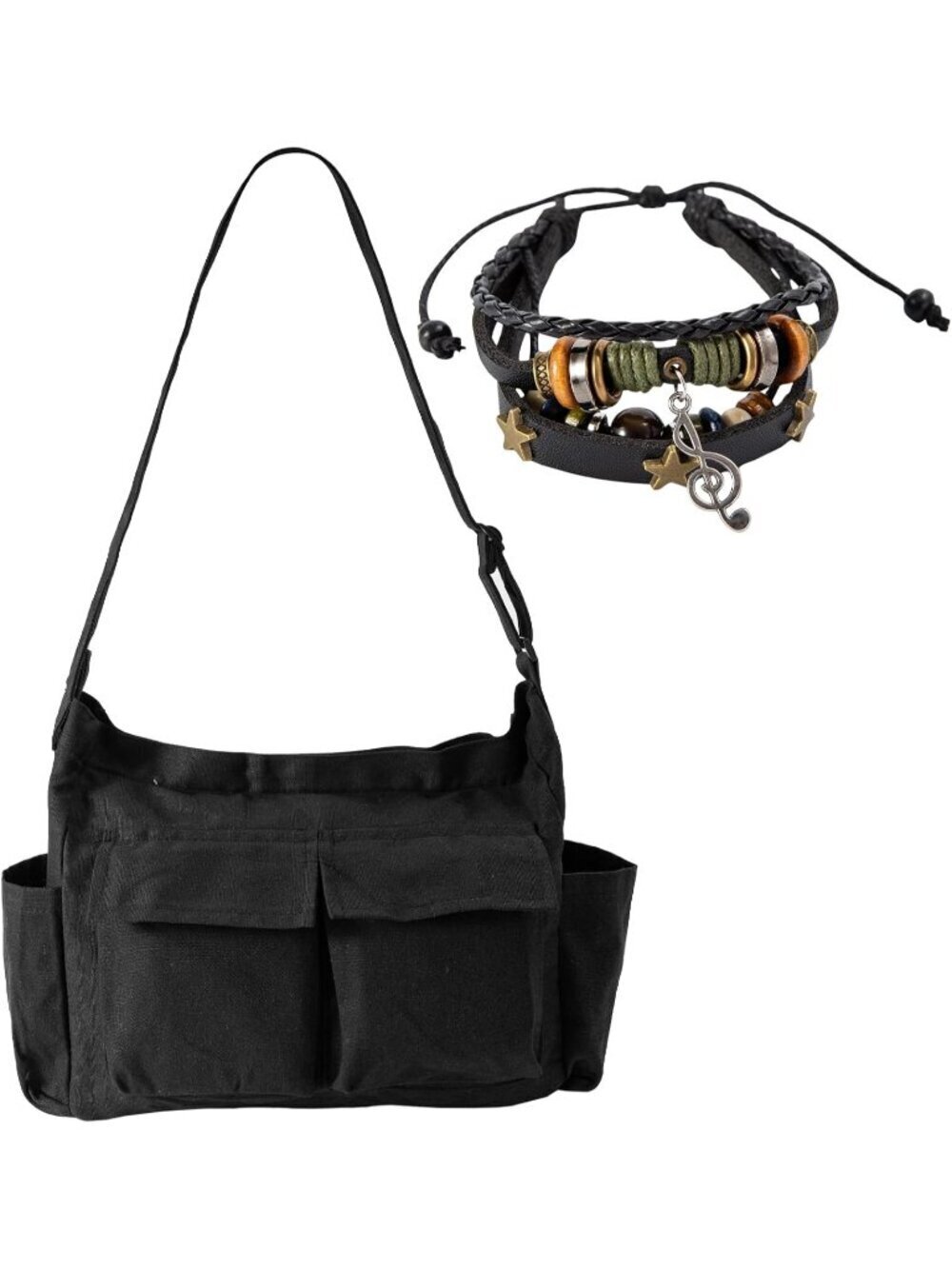 Women's Black Grunge Bag Multiple Pockets Crossbody Shoulder Bag